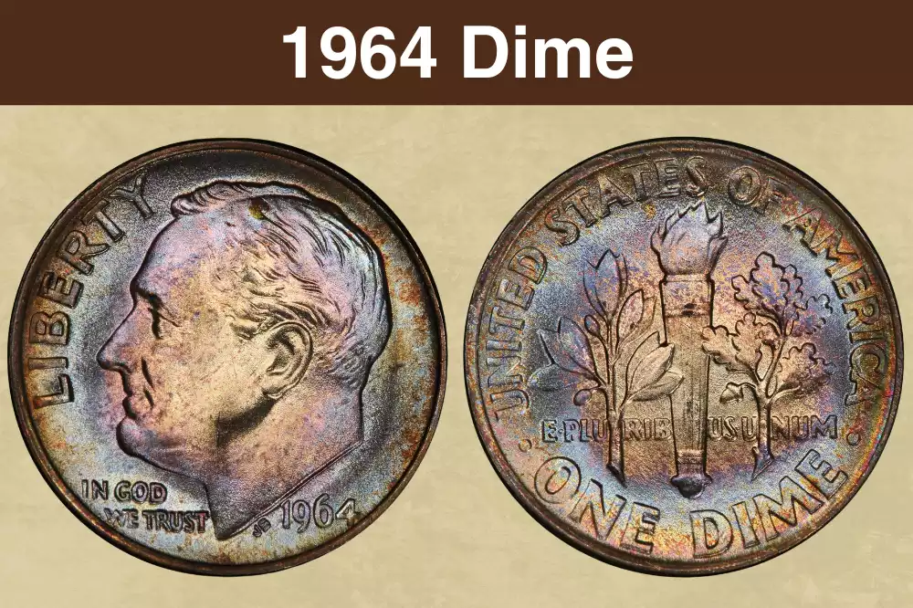 1964 Roosevelt dime obverse and reverse showing silver composition and torch design