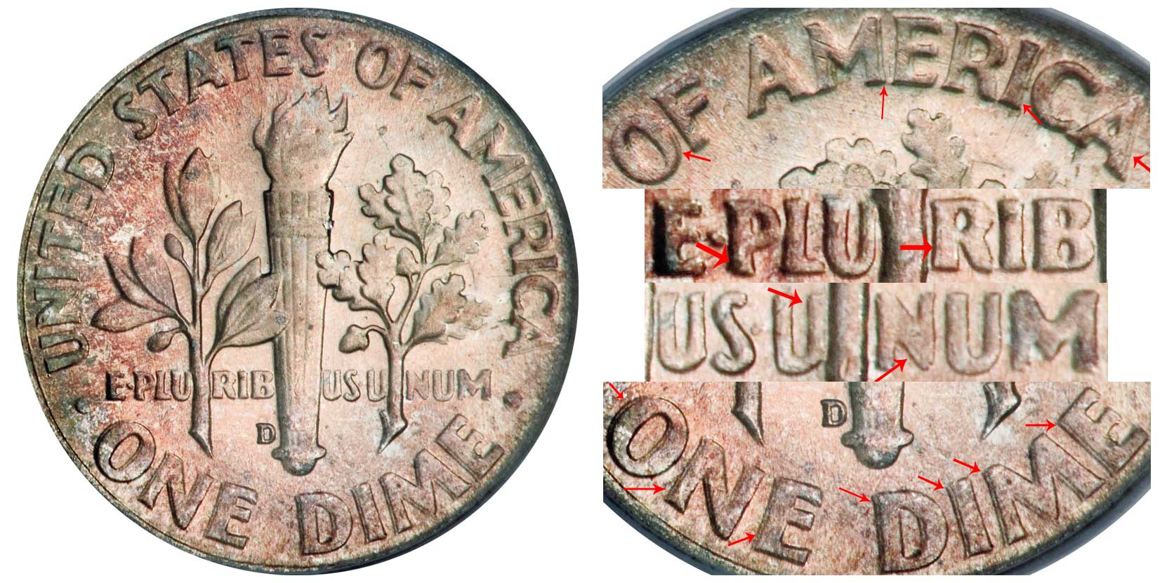 1964-D Roosevelt dime DDR doubled die reverse comparison showing doubling on ONE DIME inscription