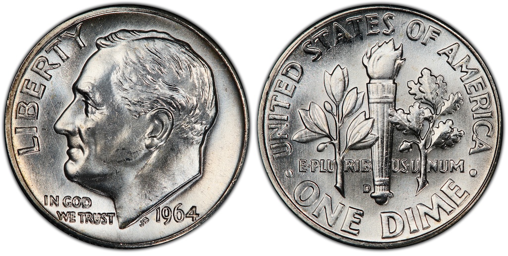 1964-D DDR doubled die reverse error close-up showing doubled ONE DIME lettering