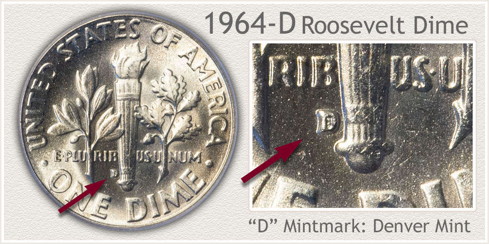 1964-D MPM FS-502 misplaced mint mark showing D punch in incorrect position on dime reverse