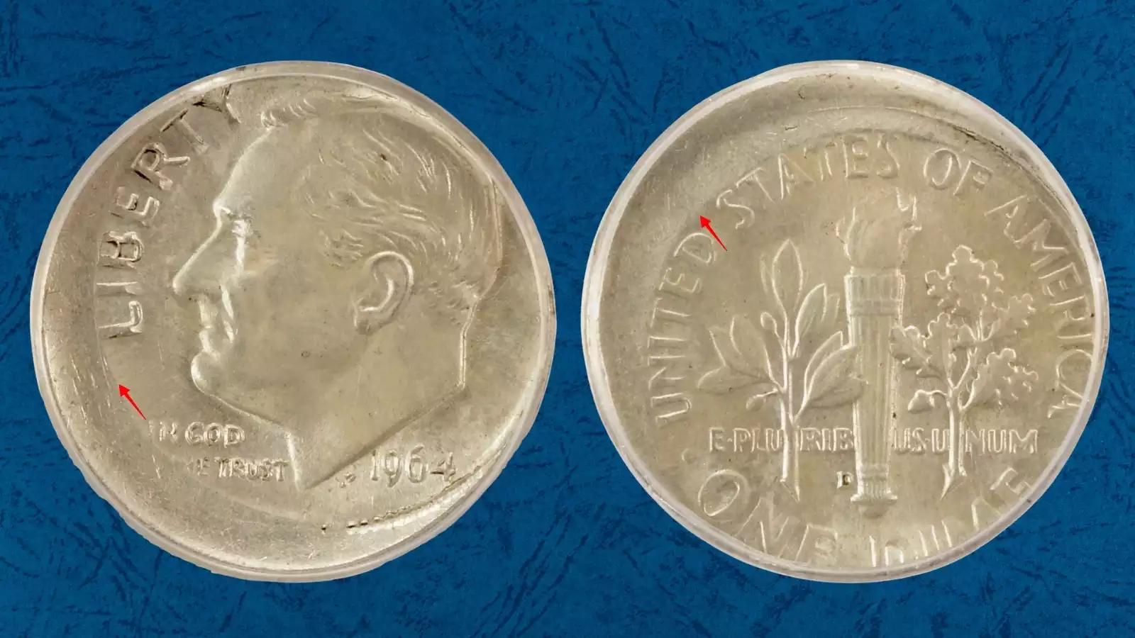 1964 dime off-center strike error showing design shifted from center with blank crescent visible