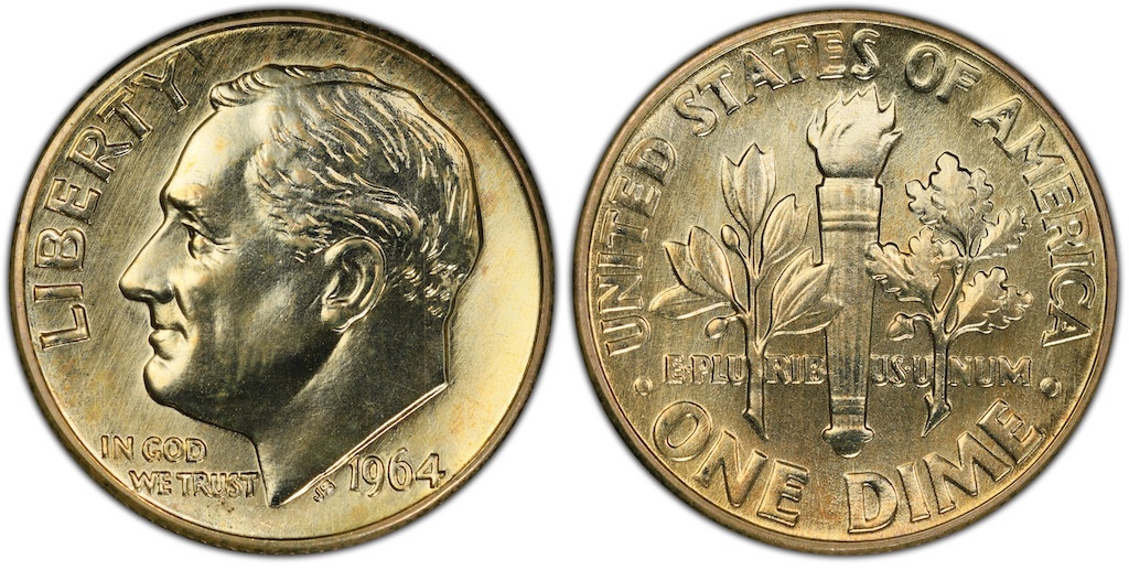 1964 Roosevelt dime grading strip showing four condition tiers from worn Good to uncirculated Mint State